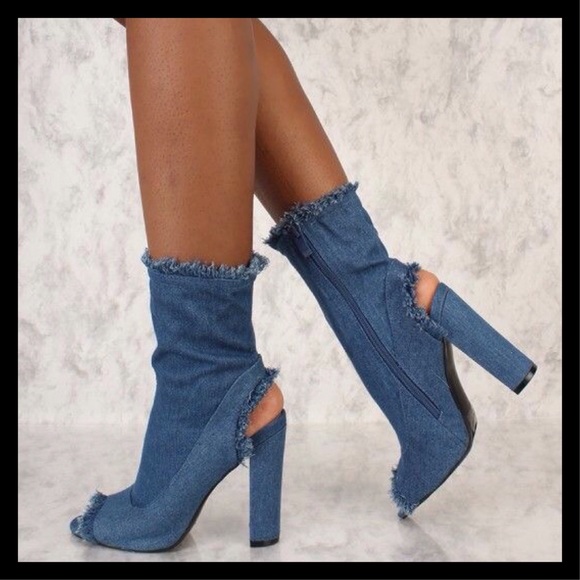Distressed Denim Peep Toe Chunky Heel Booties - Picture 4 of 5